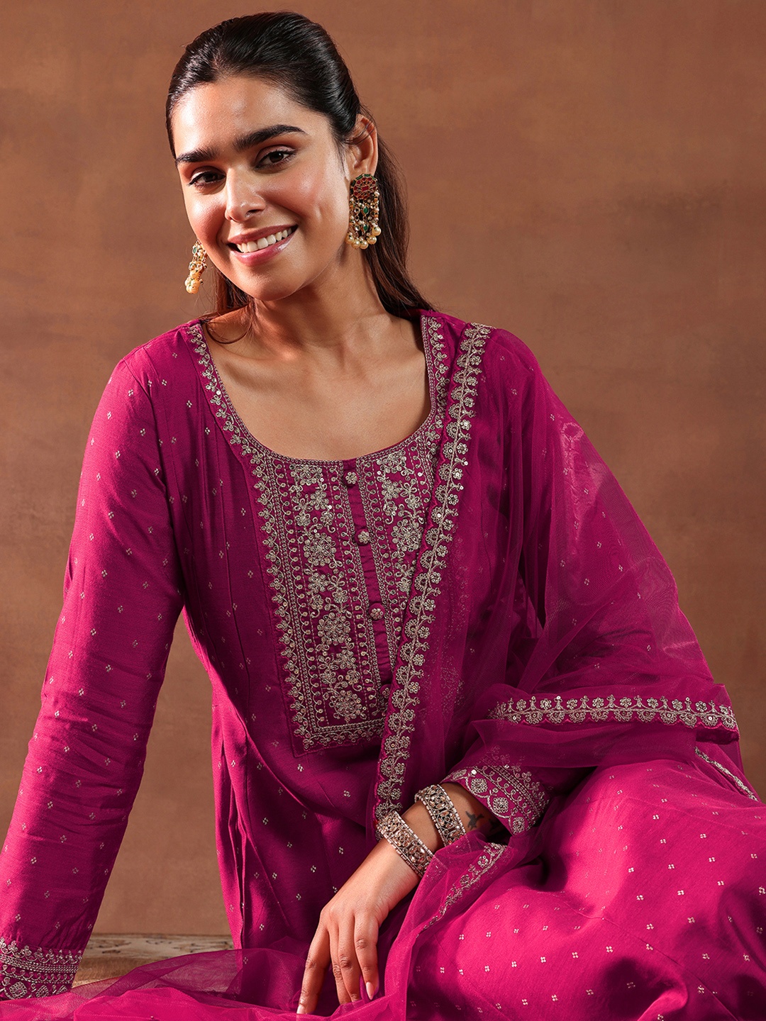 

Libas Ethnic Motifs Embroidered Chanderi Silk Anarkali Kurta With Trousers & Dupatta, Magenta