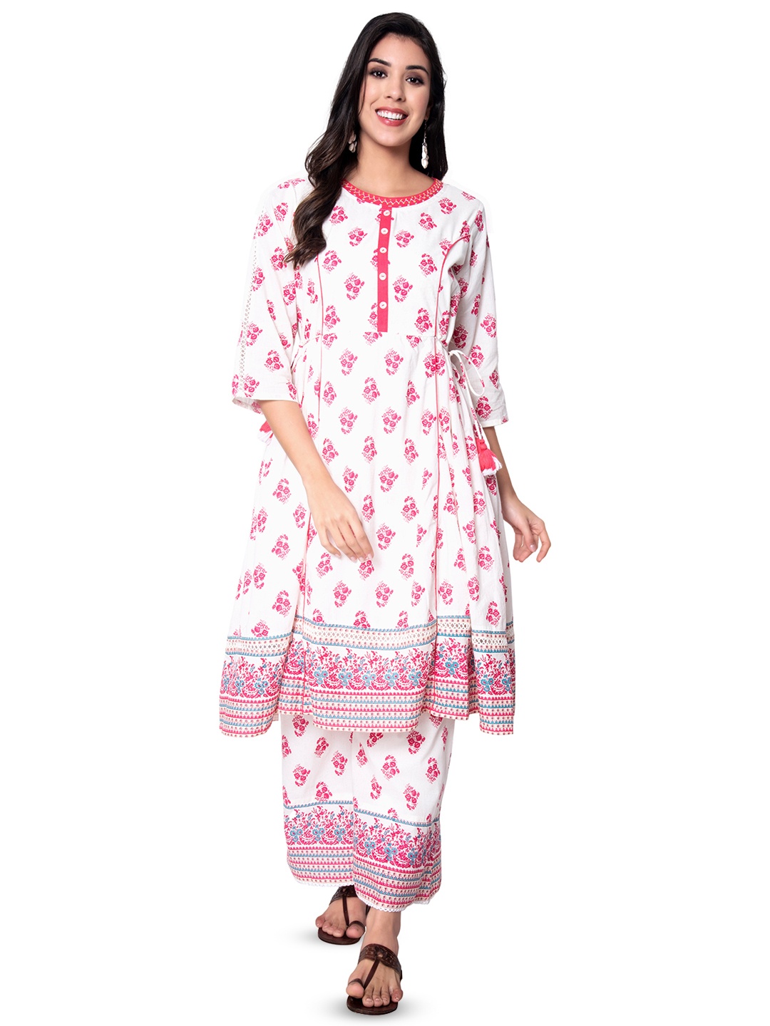 

TOP 30 Floral Printed Round Neck Pure Cotton A-Line Kurta With Palazzos, White