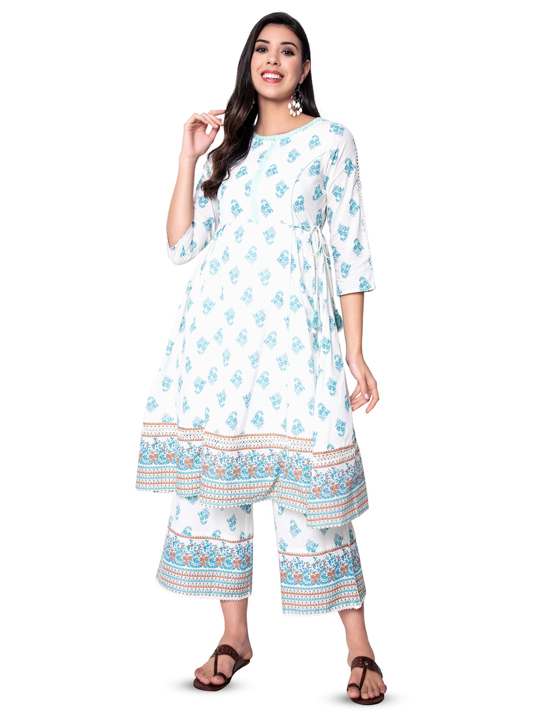 

TOP 30 Floral Printed Round Neck Pure Cotton A-Line Kurta With Palazzos, White