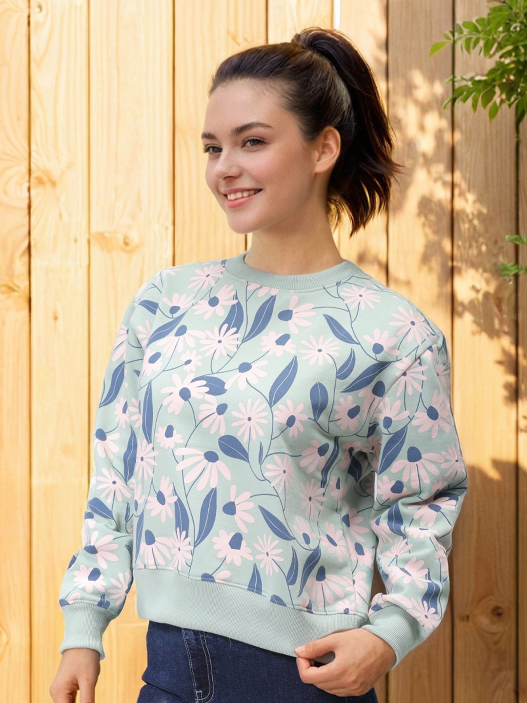 

Freehand by The Indian Garage Co Women Floral Printed Cotton Sweatshirt, Green