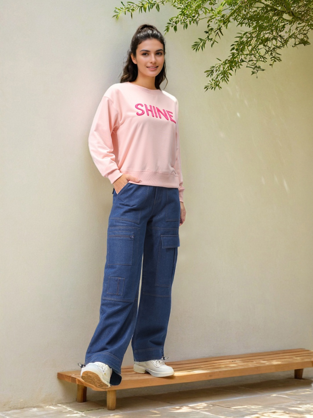 Freehand by The Indian Garage Co Women Typography Printed Cotton Sweatshirt, Pink
