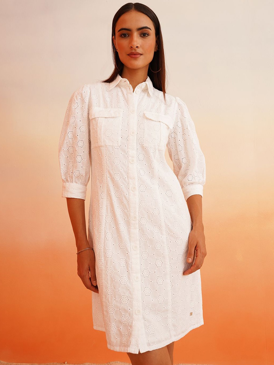 

Beatnik Women Schiffli Shirt Cotton Dress, White