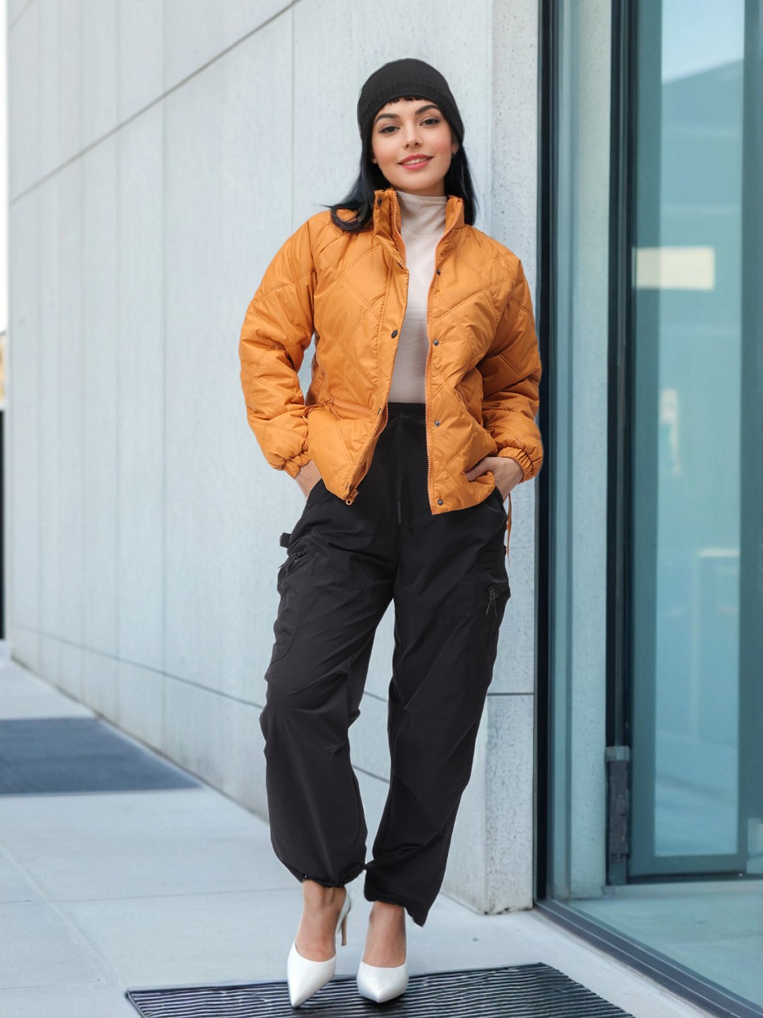 

Freehand by The Indian Garage Co Women Mock Collar Solid Casual Quilted Jacket, Mustard
