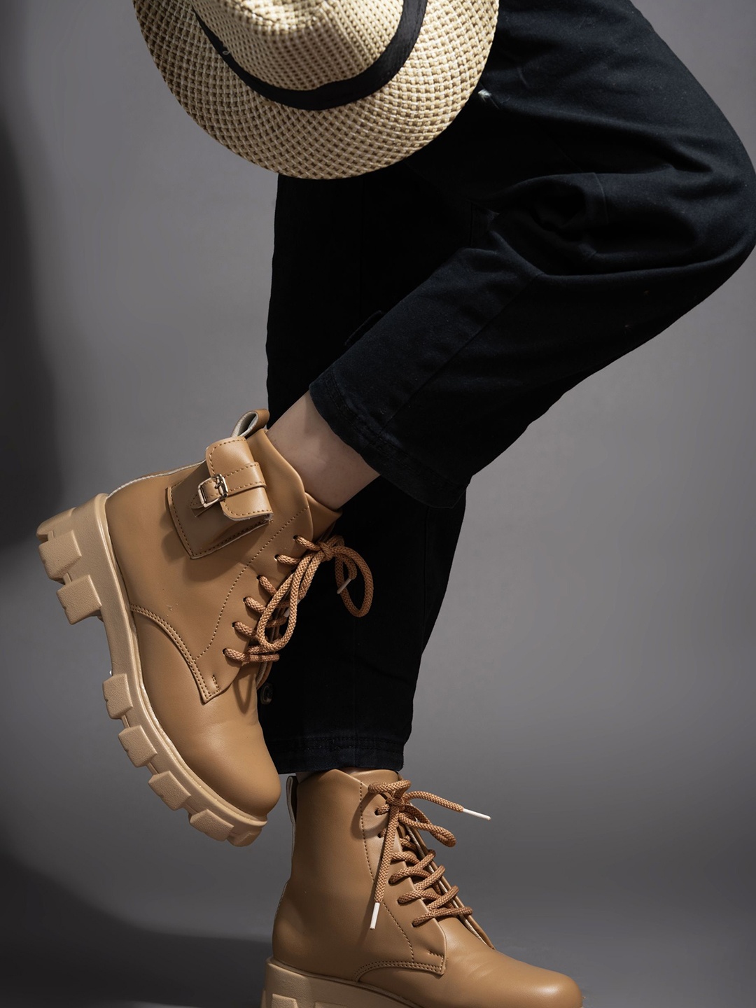 

The Roadster Lifestyle Co. Women Block Heeled Lace-Up Chunky Boots, Beige