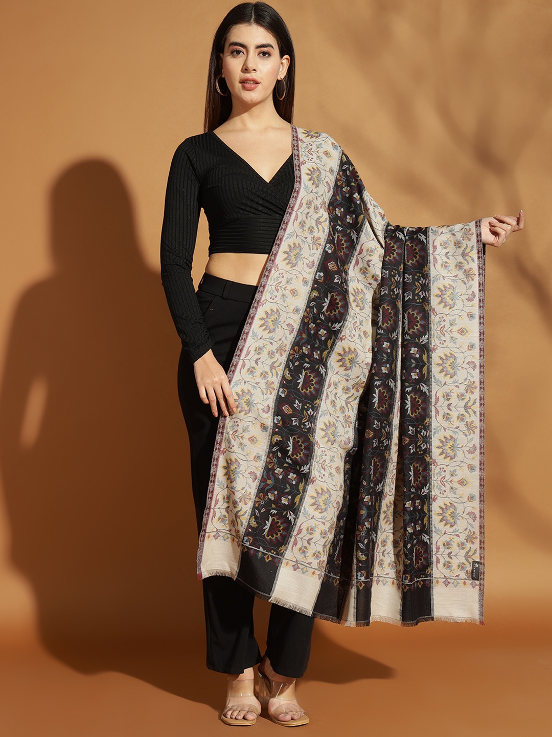 

Zamour Floral Woven Design Two Tone Kani Pure Woollen Shawl, Black