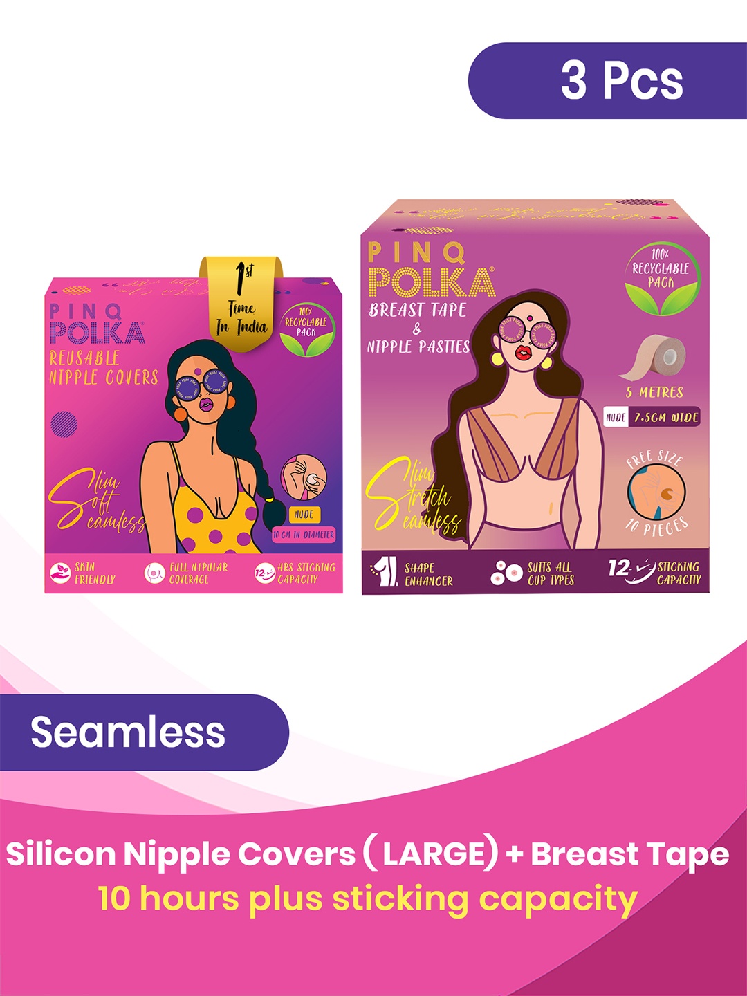 

PINQ POLKA 2Pc Reusable Silicone Nipple Covers Large & 1pc Breast Tape, Nude