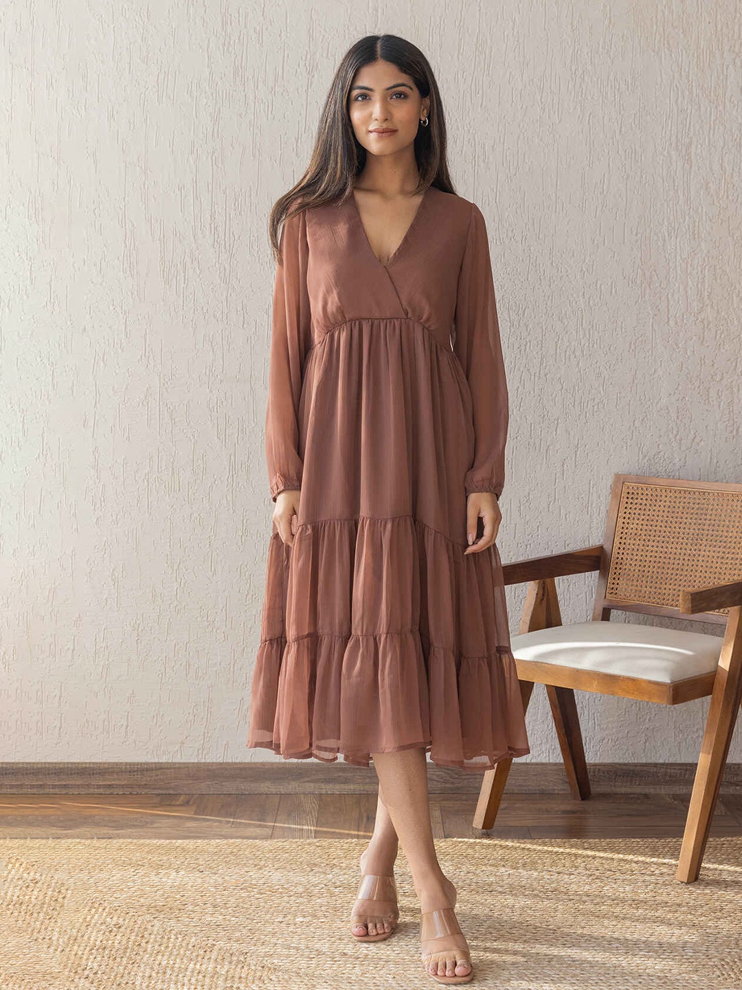 

Polago Clothing Women V-Neck Fit & Flare Midi Dress, Brown