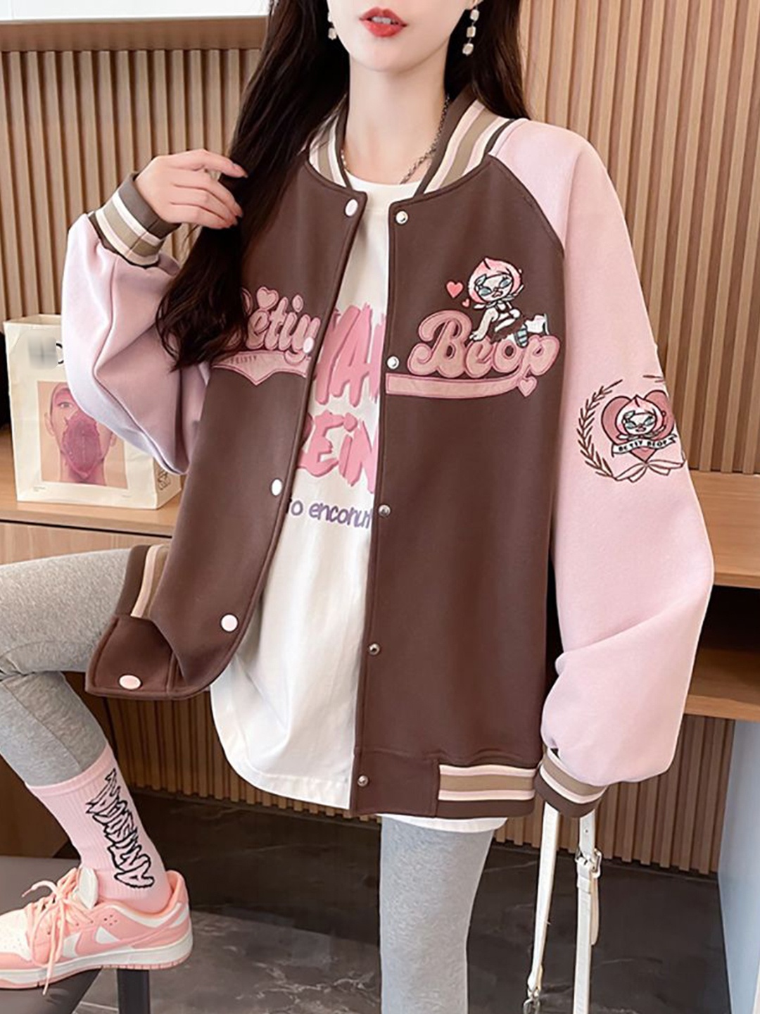 

StyleCast x Revolte Women Typography Printed Open Front Jacket, Coffee brown