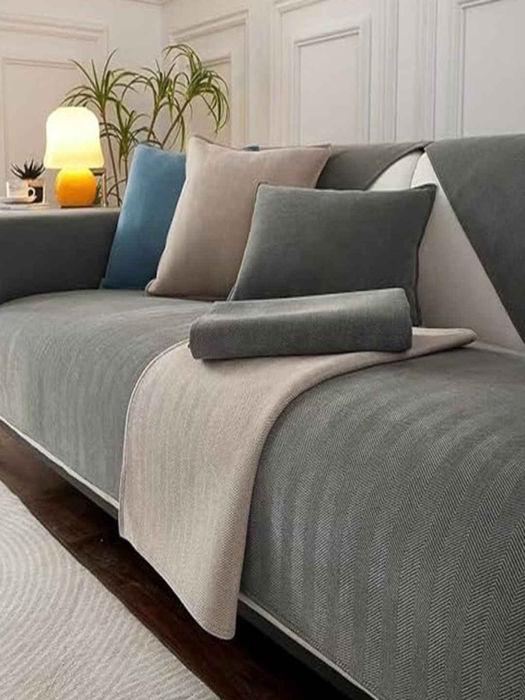 

HOUSE OF QUIRK Single Seater Herringbone Chenille Fabric Anti-Slip Stretch Sofa Slipcover, Grey