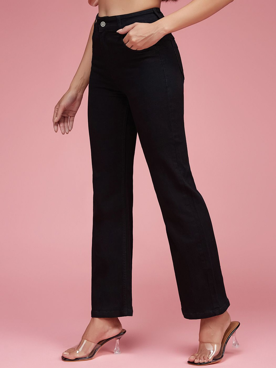 

Miss Chase Women Cotton Wide Leg High-Rise Stretchable Jeans, Black