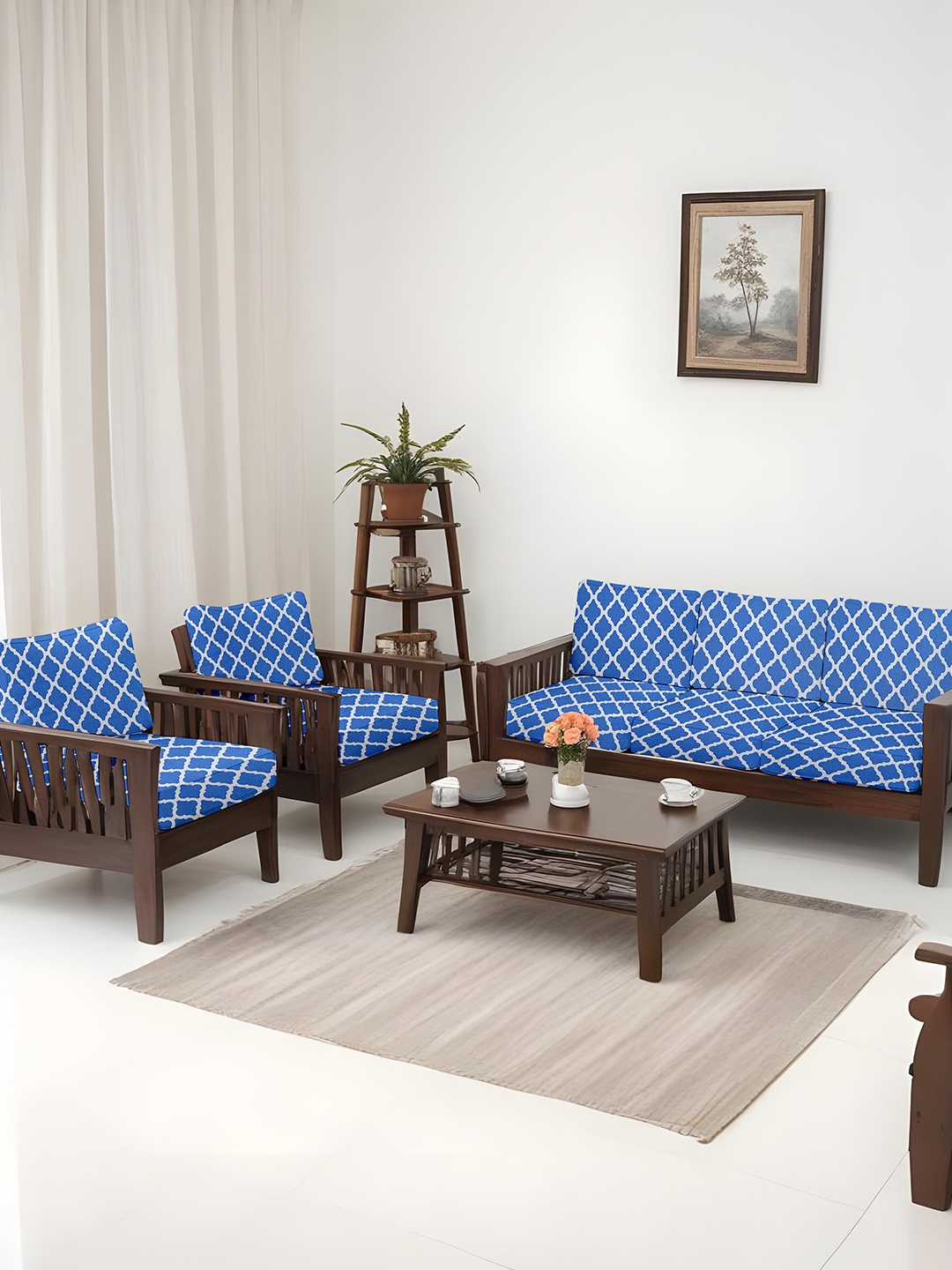 

Lazi Blue & White 10 Pieces Geometric Printed Elasticated 200 GSM Wooden Sofa Covers