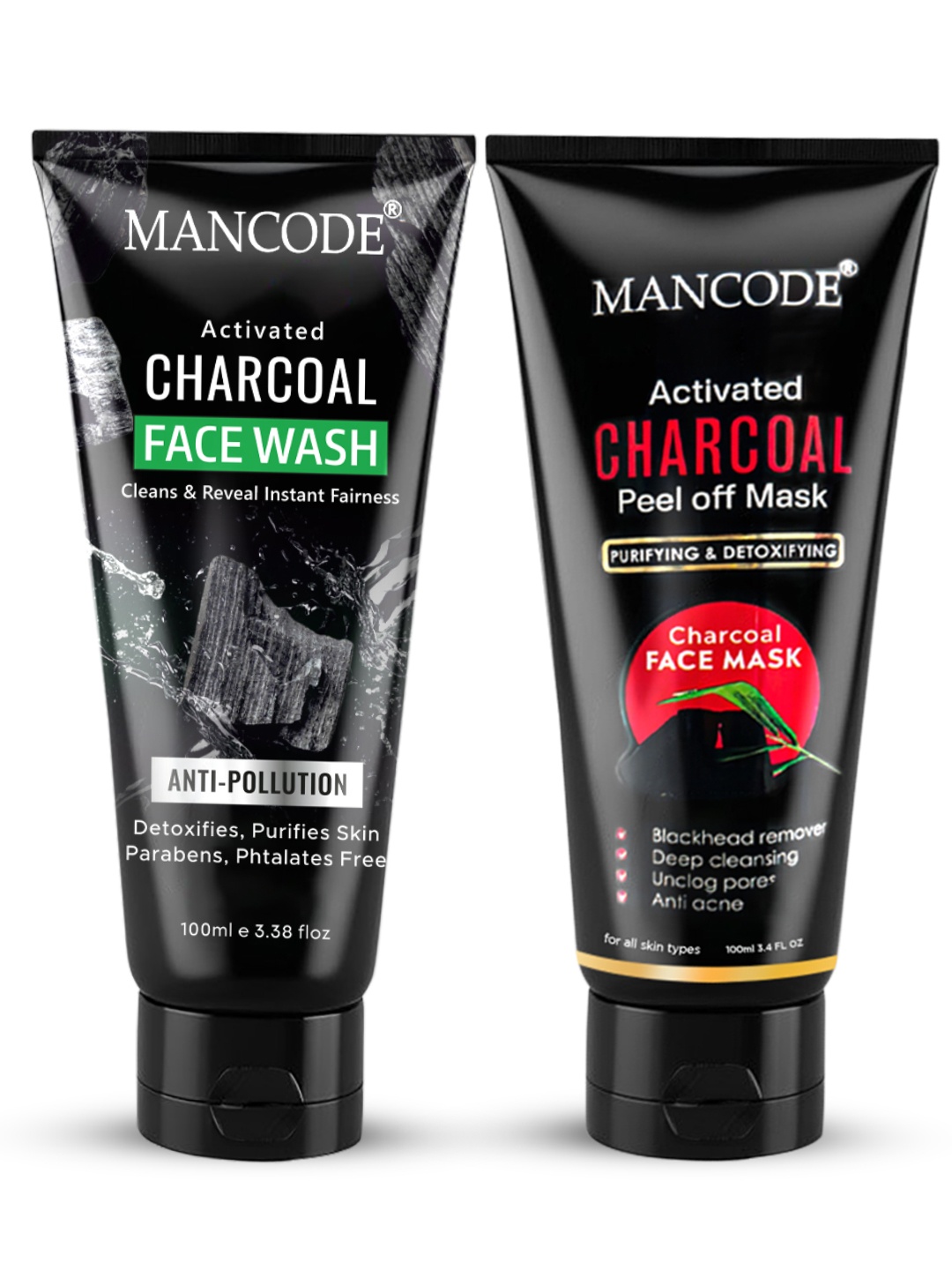 

MANCODE Set Of 2 Activated Charcoal Face Wash & Peel-Off Mask Combo - 100 ml Each, Black