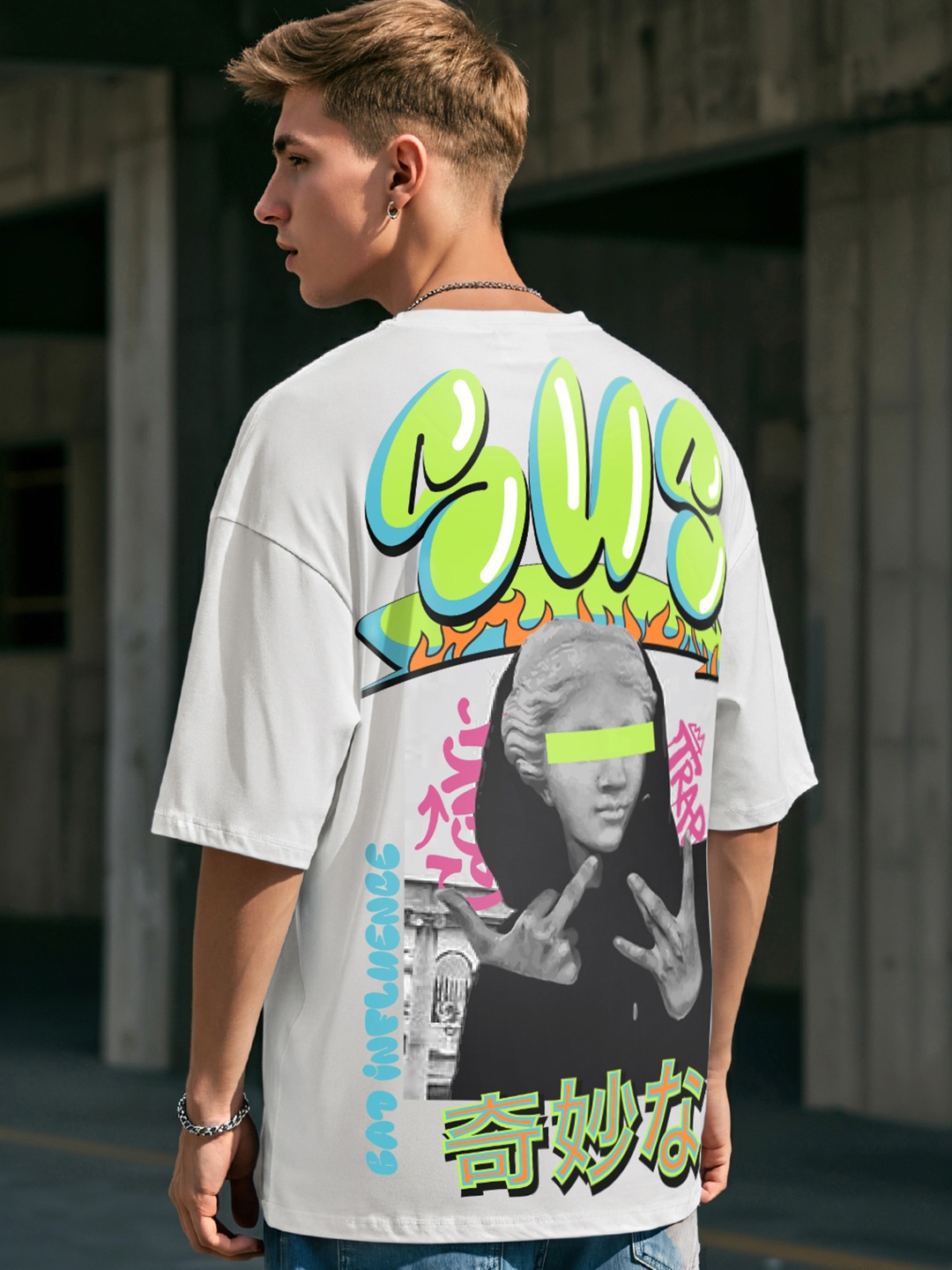 

Bewakoof Men Graphic Printed Round Neck Pure Cotton Oversized T-shirt, White