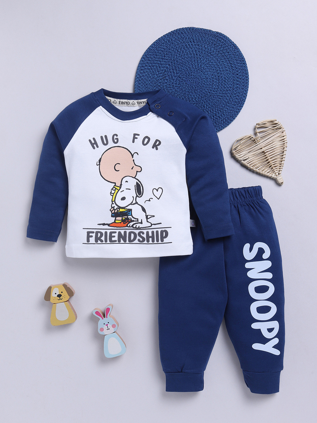 

YK X Tinyo Boys Peanut Printed Pure Cotton T-shirt and Joggers, Navy blue