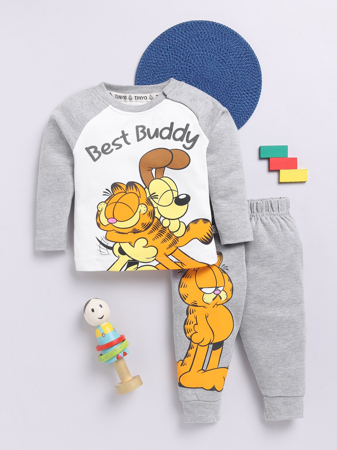

YK X Tinyo Boys Garfield Printed Pure Cotton T-shirt and Joggers, Grey
