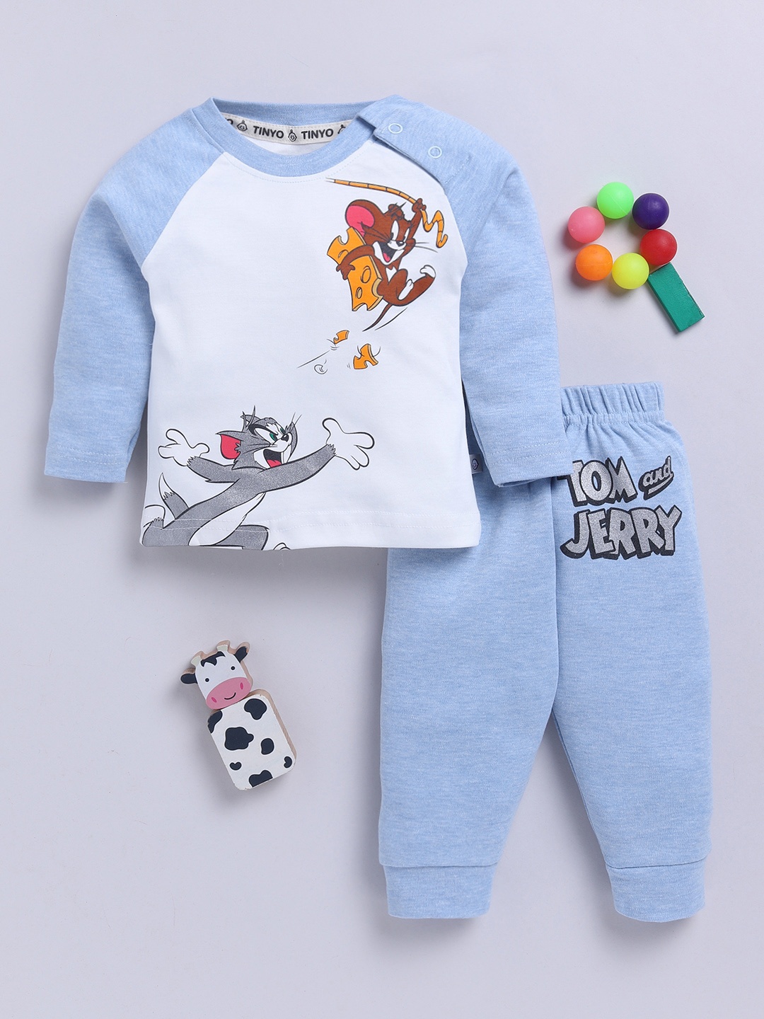 

YK X Tinyo Boys Tom & Jerry Printed Pure Cotton T-shirt and Joggers, Blue