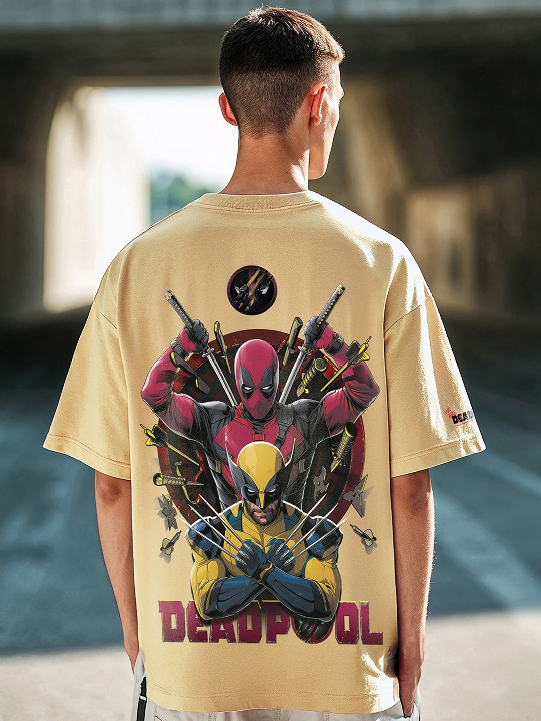 

Bewakoof Men Graphic Printed Round Neck Cotton Oversized Deadpool T-shirt, Brown