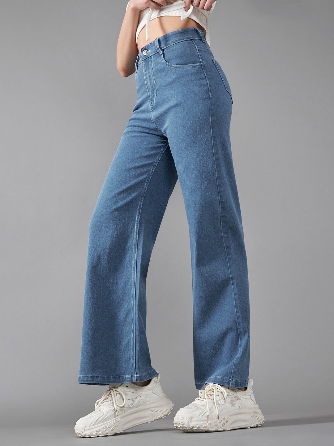 

DOLCE CRUDO Women Wide Leg High-Rise Stretchable Jeans, Blue