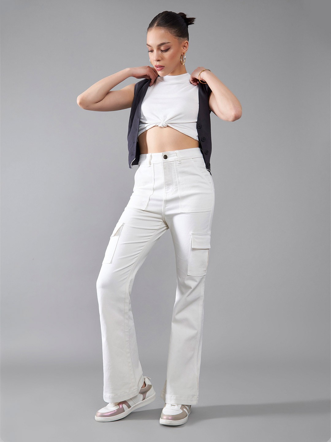 

DOLCE CRUDO Women Wide Leg High-Rise Stretchable Jeans, White