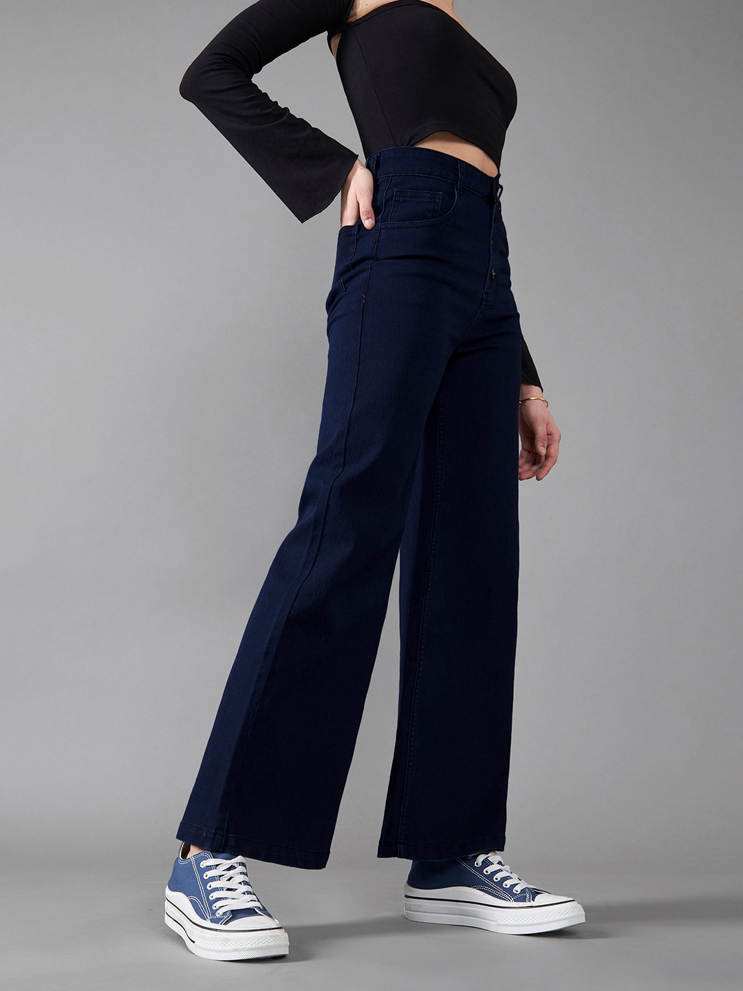 

DOLCE CRUDO Women Wide Leg High-Rise Stretchable Jeans, Blue