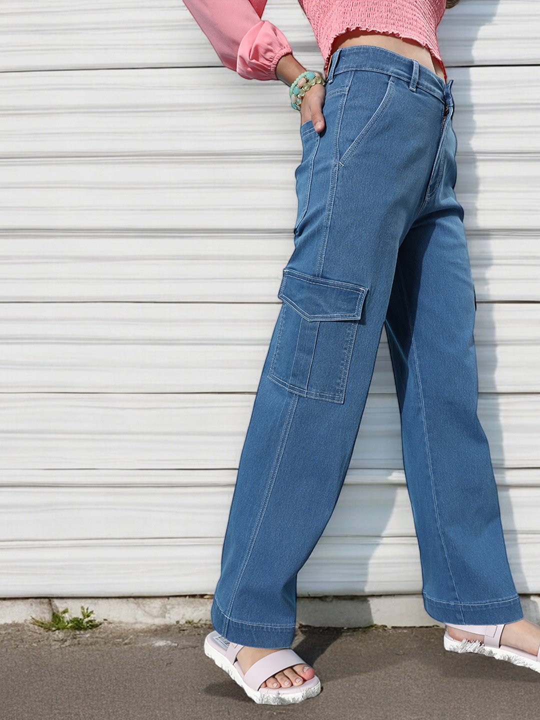 

DOLCE CRUDO Women Cotton Wide Leg High-Rise Stretchable Jeans, Blue
