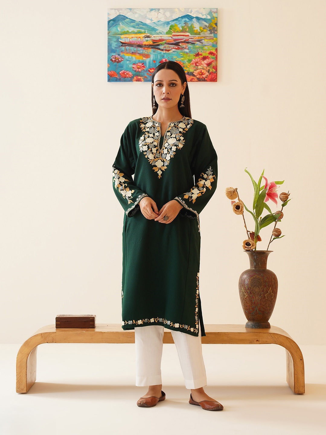 

Kashmir Box Aari Embroidered Cashmilon Winter Kashmiri Phiran, Green