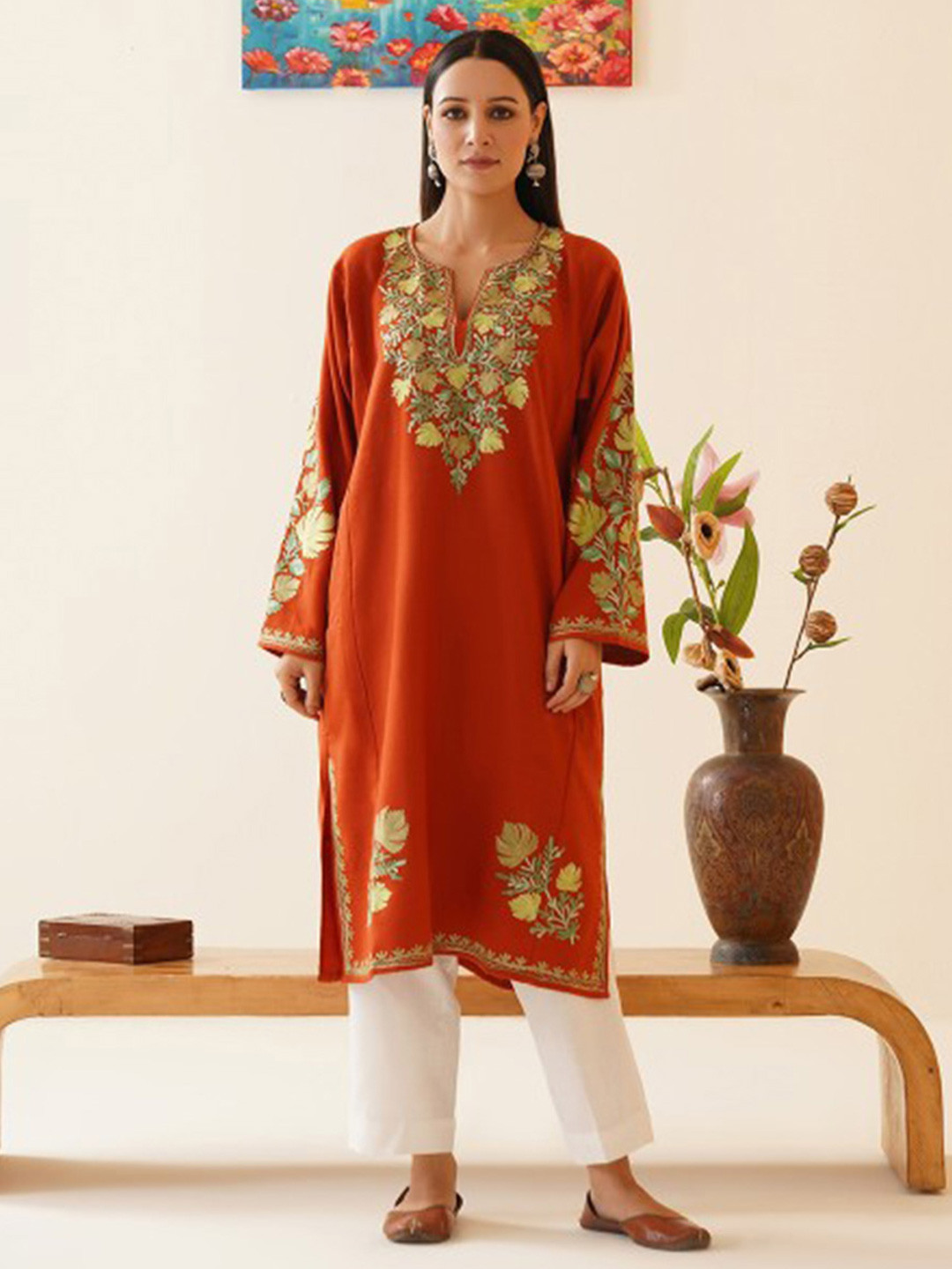 

Kashmir Box Chinar Aari Embroidered Cashmilon Winter Kashmiri Phiran, Rust