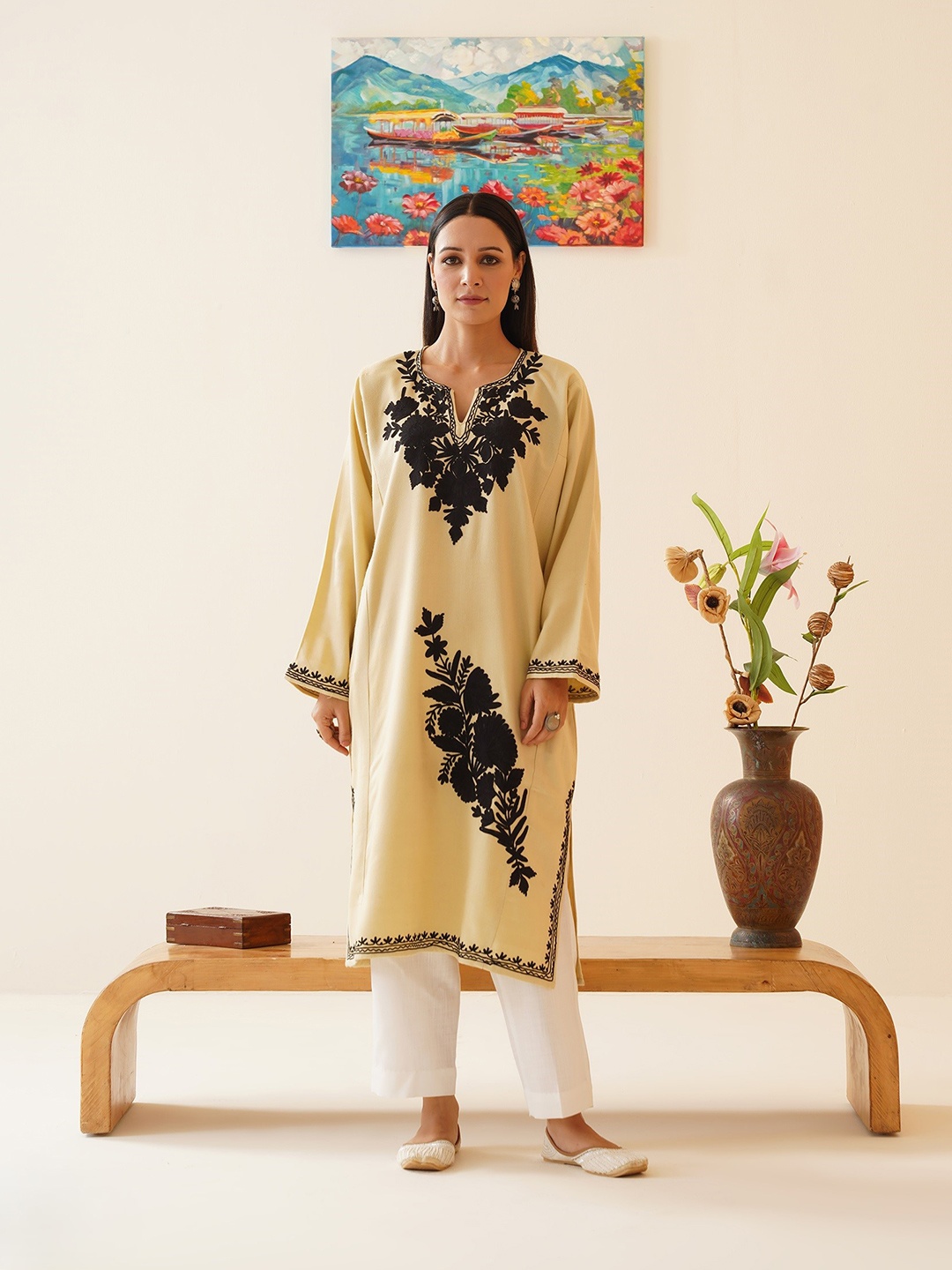 

Kashmir Box Grace Aari Embroidered Cashmilon Winter Kashmiri Phiran, Off white