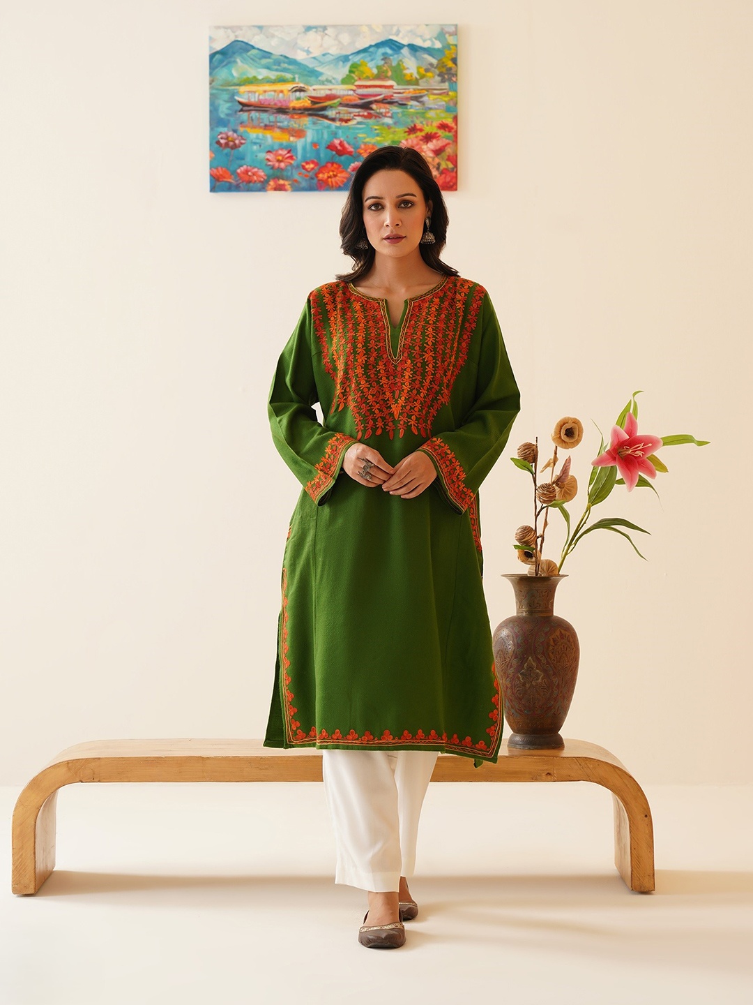 

Kashmir Box Aari Embroidered Cashmilon Winter Kashmiri Phiran, Green