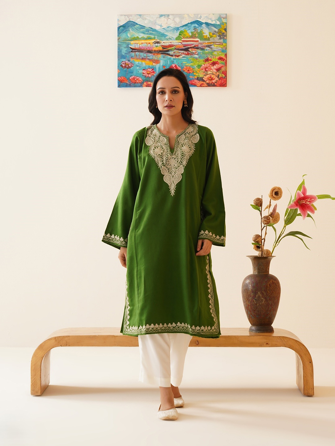 

Kashmir Box Zari Embroidered Cashmilon Kashmiri Phiran, Green