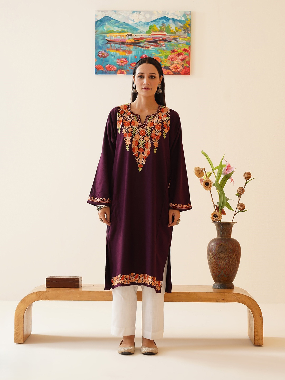 

Kashmir Box Aari Embroidered Cashmilon Winter Kashmiri Phiran, Purple