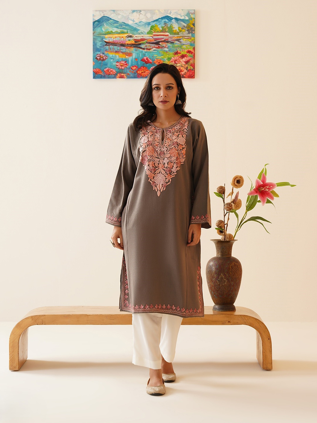 

Kashmir Box Aari Embroidered Cashmilon Winter Kashmiri Phiran, Grey