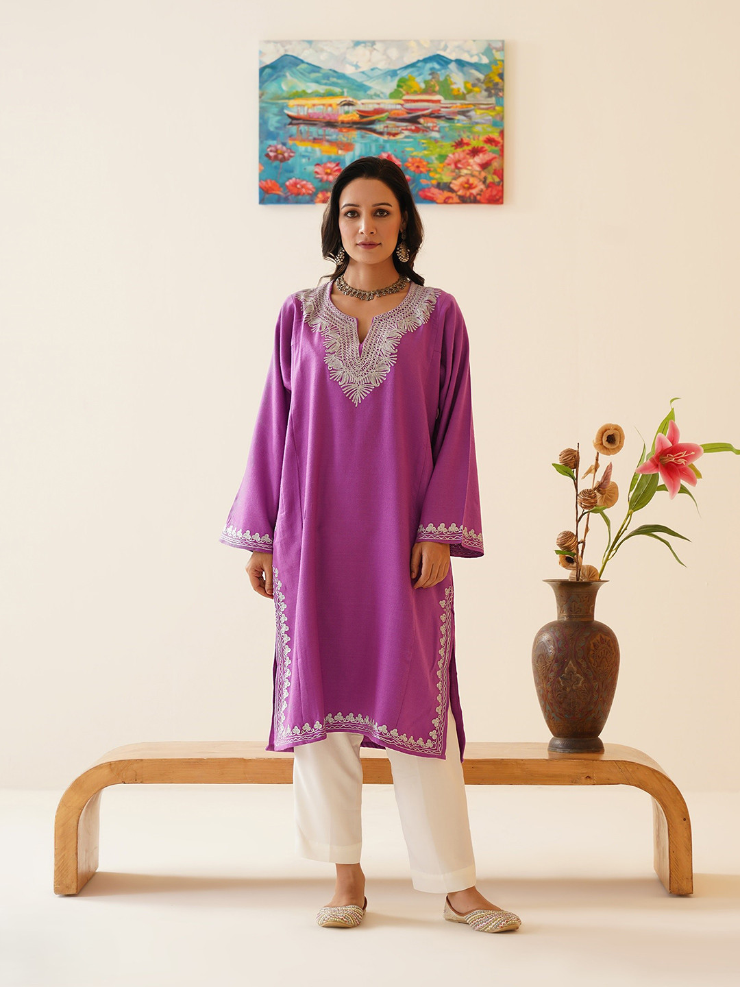 

Kashmir Box Orchid Paisley Zari Embroidered Cashmilon Kashmiri Phiran, Pink