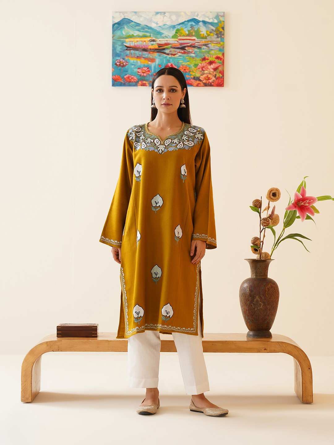 Kashmir Box Chinar Aari Embroidered Cashmilon Winter Kashmiri Phiran, Mustard