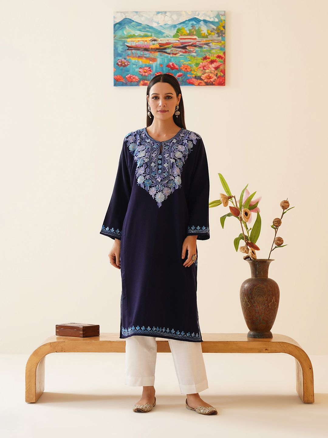 Kashmir Box Posy Aari Embroidered Cashmilon Kashmiri Phiran, Blue