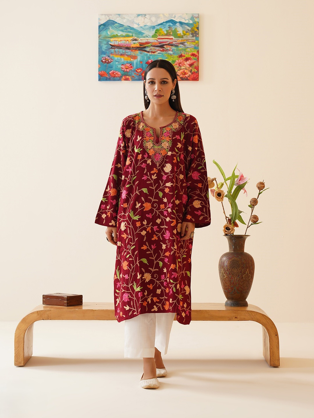 Kashmir Box Floral Aari Embroidered Cashmilon Winter Kashmiri Phiran, Maroon