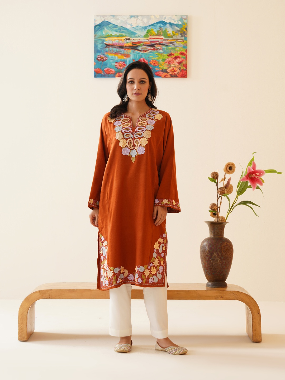 

Kashmir Box Paisley Aari Embroidered Cashmilon Winter Kashmiri Phiran, Orange