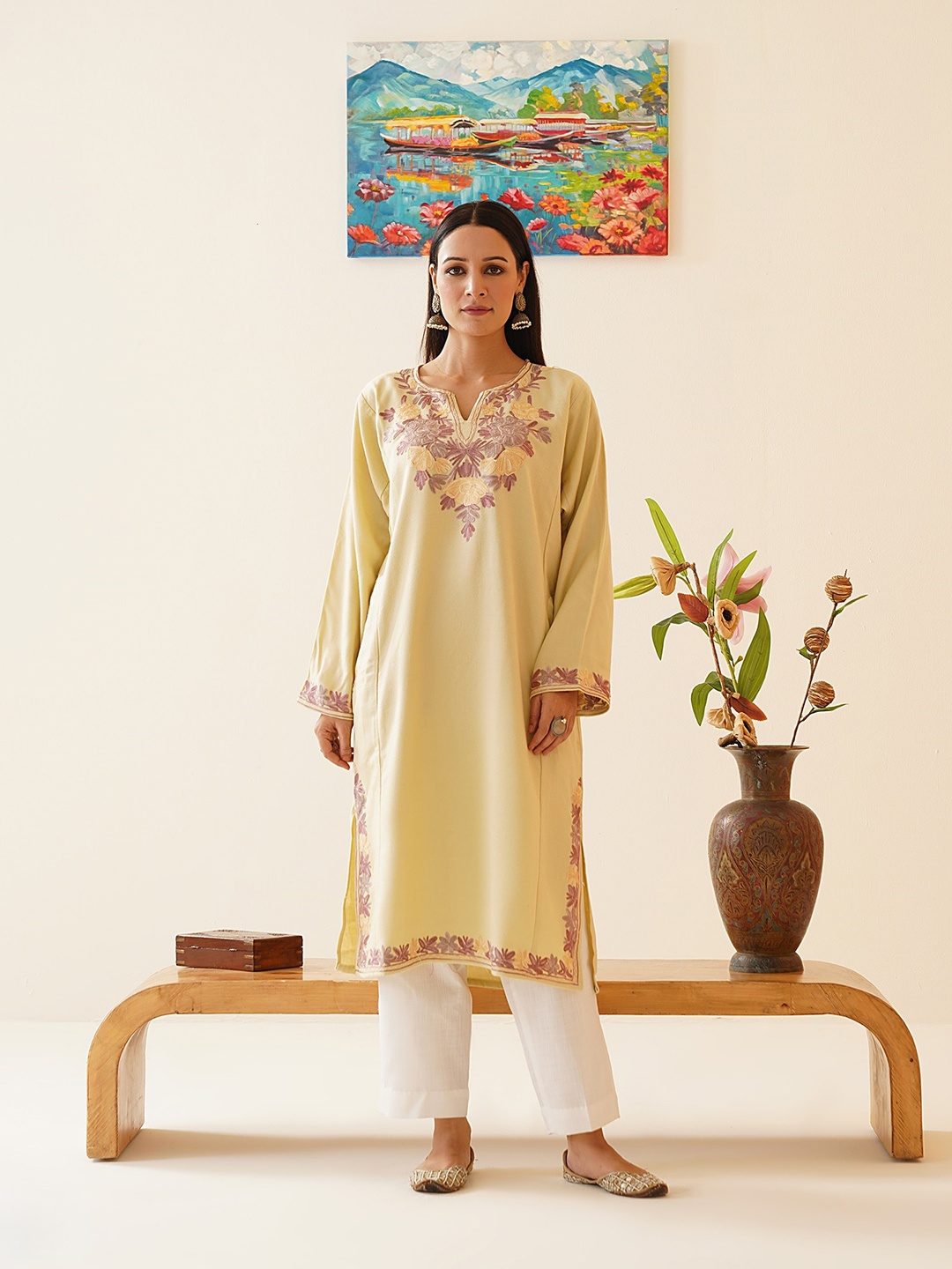 

Kashmir Box Blossom Aari Embroidered Cashmilon Winter Kashmiri Phiran, Cream