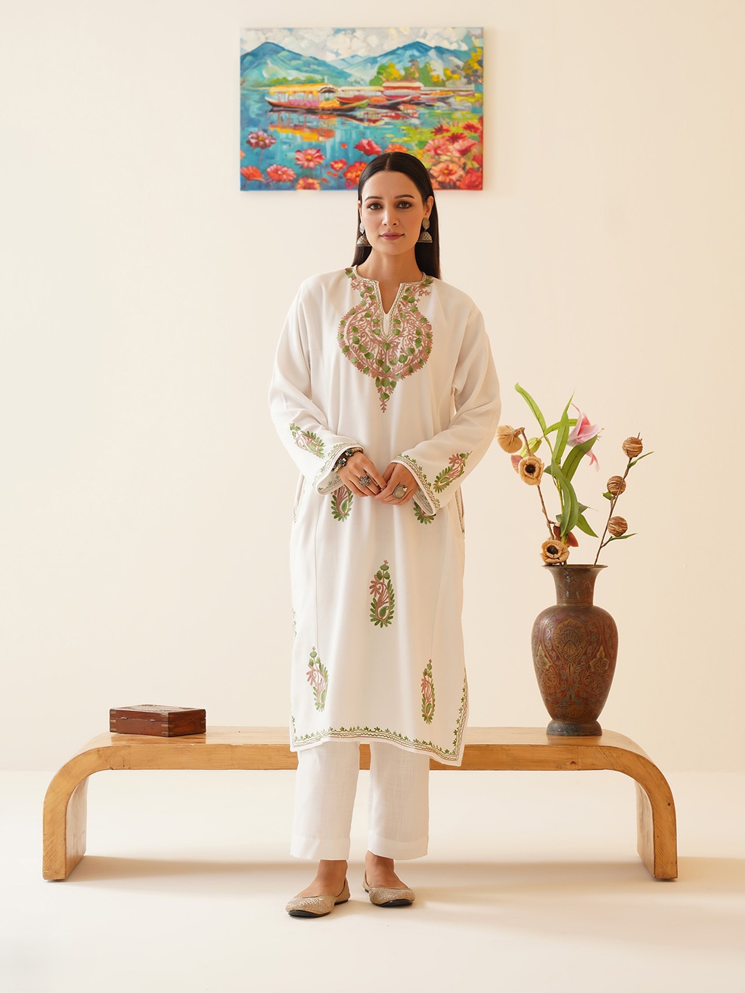 

Kashmir Box Paisley Aari Embroidered Cashmilon Winter Kashmiri Phiran, Off white