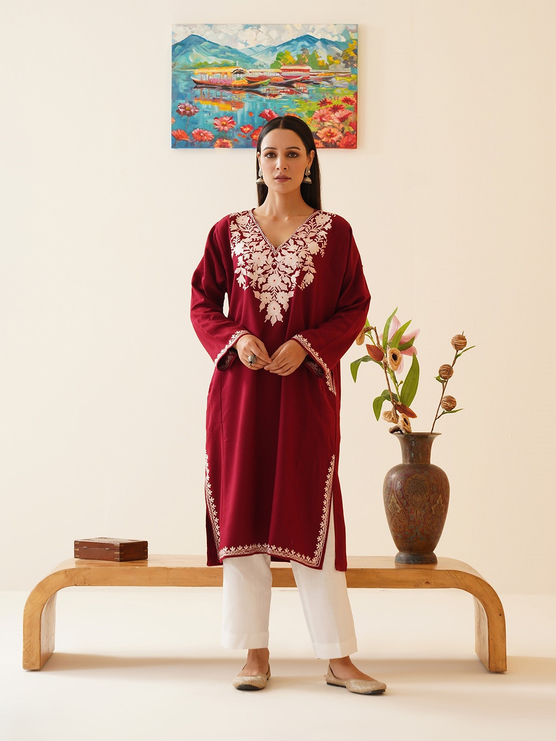

Kashmir Box Blush Aari Embroidered Cashmilon Winter Kashmiri Phiran, Maroon