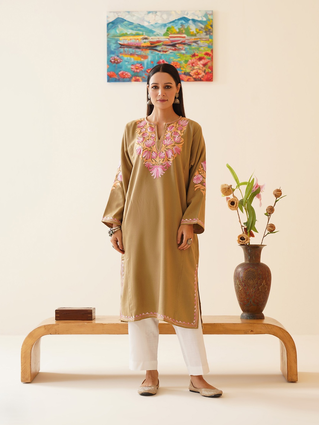 

Kashmir Box Lotus Graced Aari Embroidered Cashmilon Winter Kashmiri Phiran, Brown
