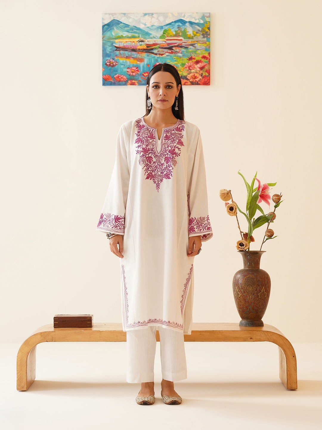 

Kashmir Box Chinar Aari Embroidered Cashmilon Winter Kashmiri Phiran, Off white