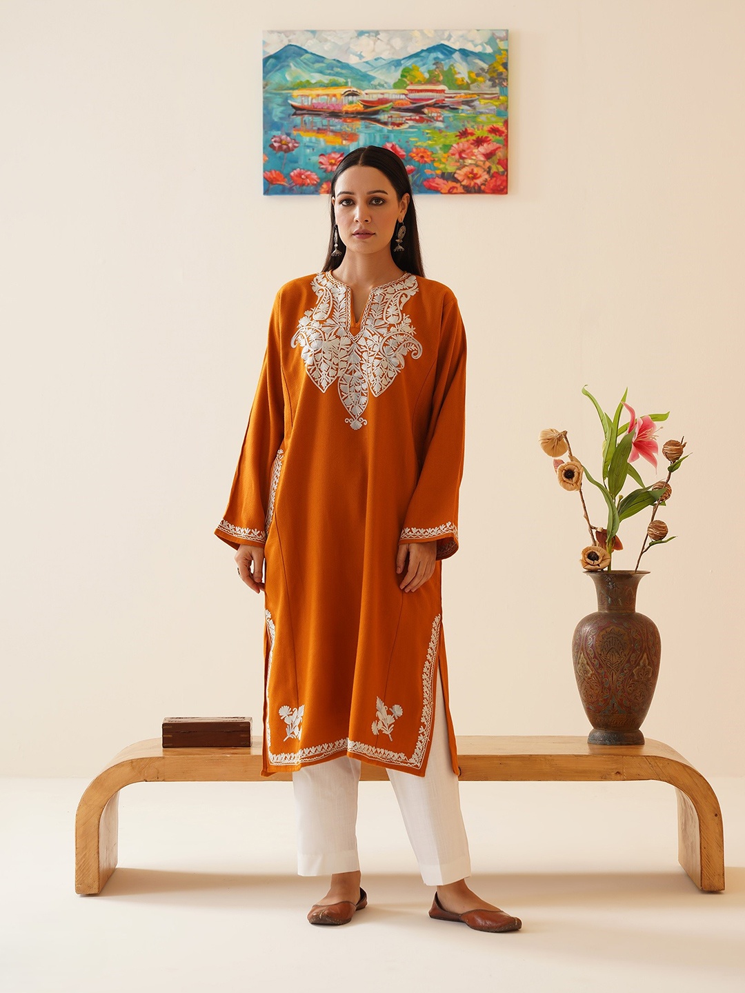 

Kashmir Box Aari Embroidered Cashmilon Winter Kashmiri Phiran, Orange