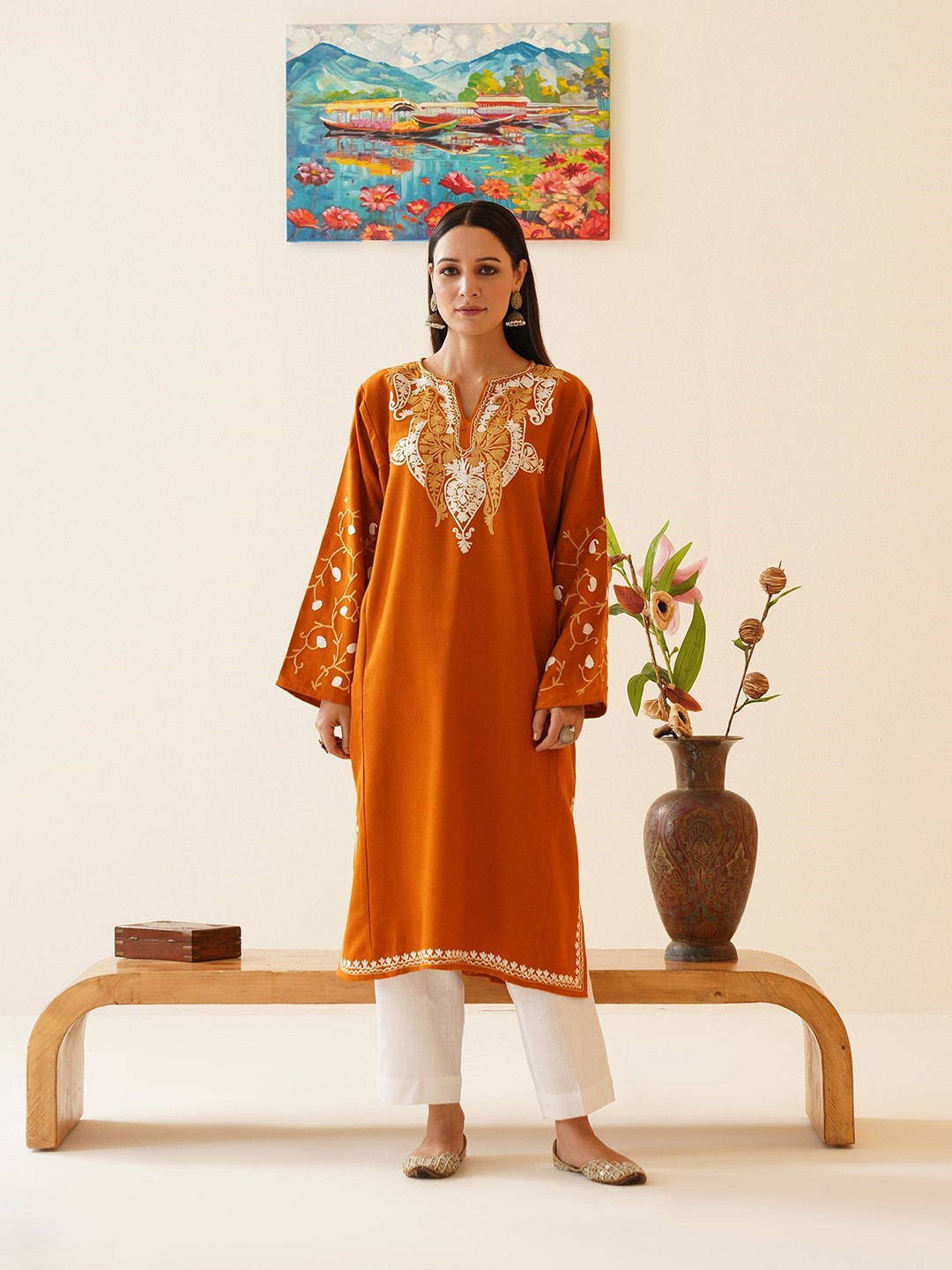 

Kashmir Box Aari Embroidered Cashmilon Kashmiri Phiran, Orange