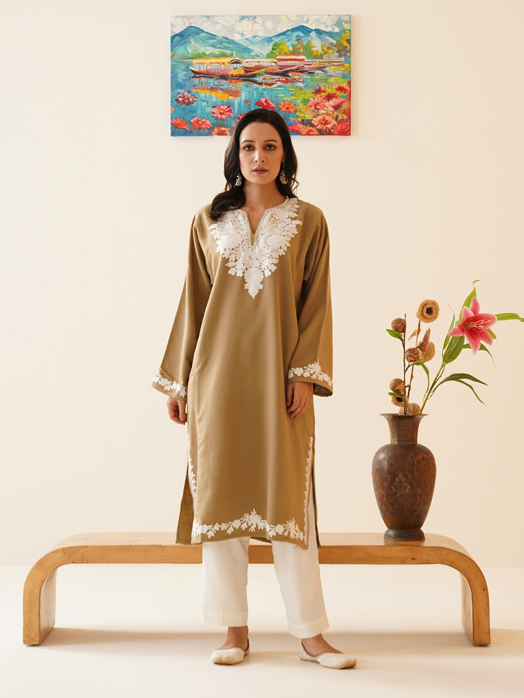 

Kashmir Box Aari Embroidered Cashmilon Winter Kashmiri Phiran, Brown