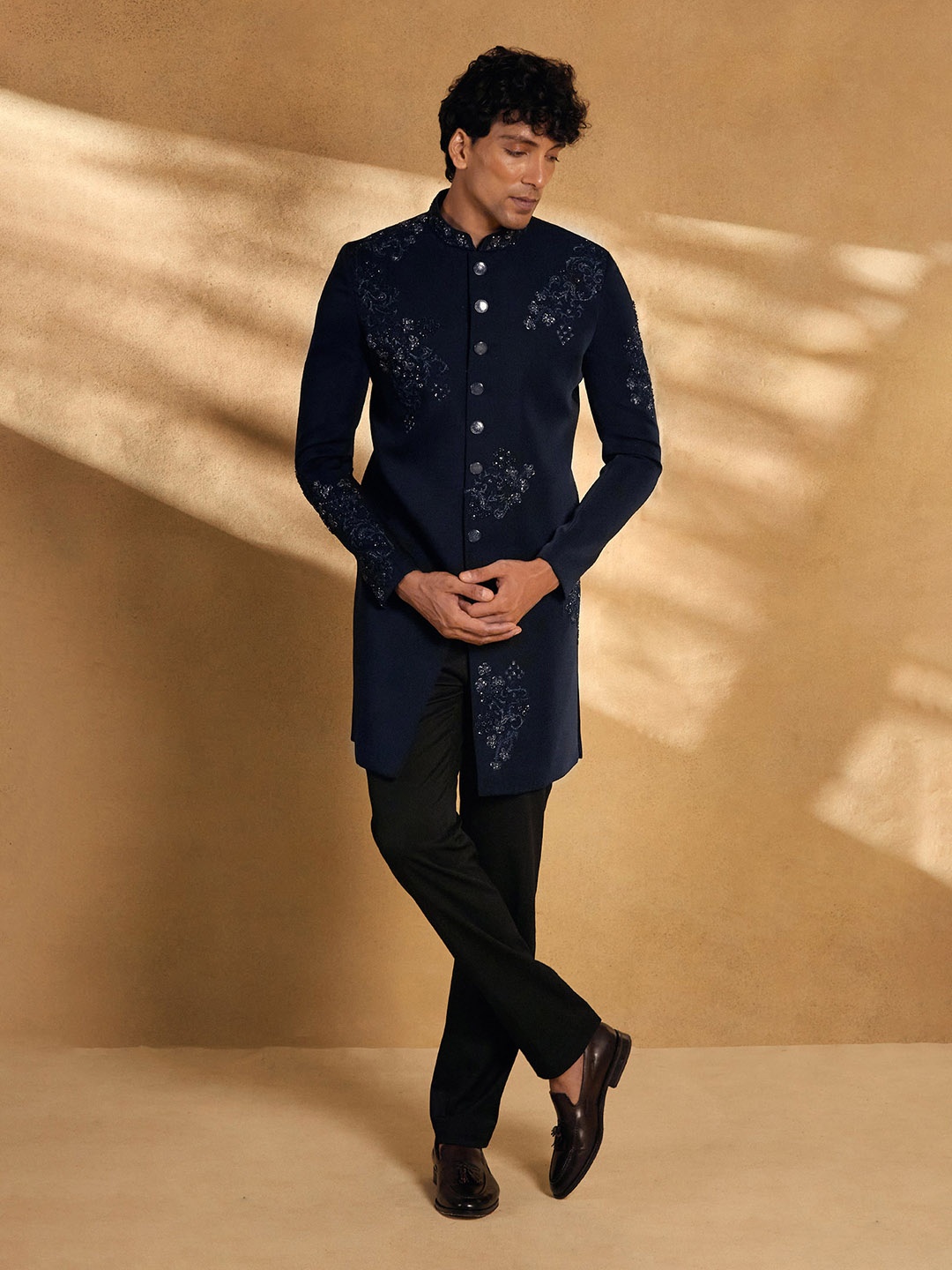 

Alaya Advani Men Sequin Embellished Floral Sherwani With Pant, Navy blue