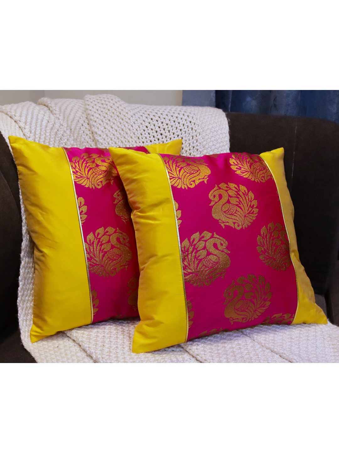 

HOME9INE Fuchsia & Yellow Set of 2 Ethnic Motifs Square Cushion Covers