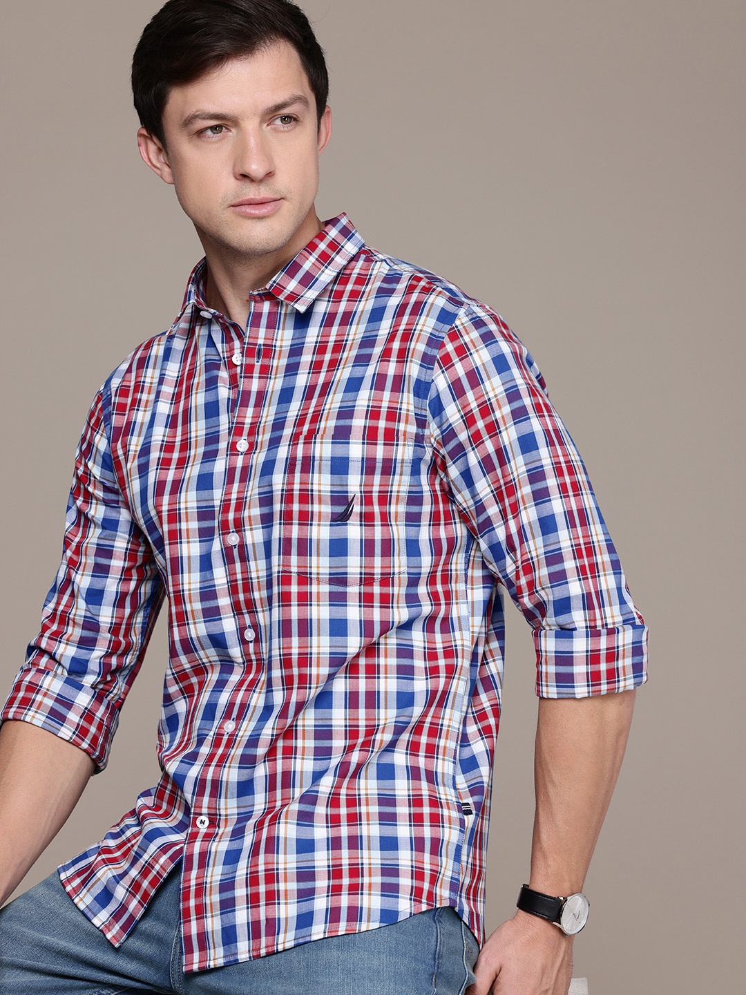 

Nautica Premium Slim Fit Tartan Checked Pure Cotton Casual Shirt, Red