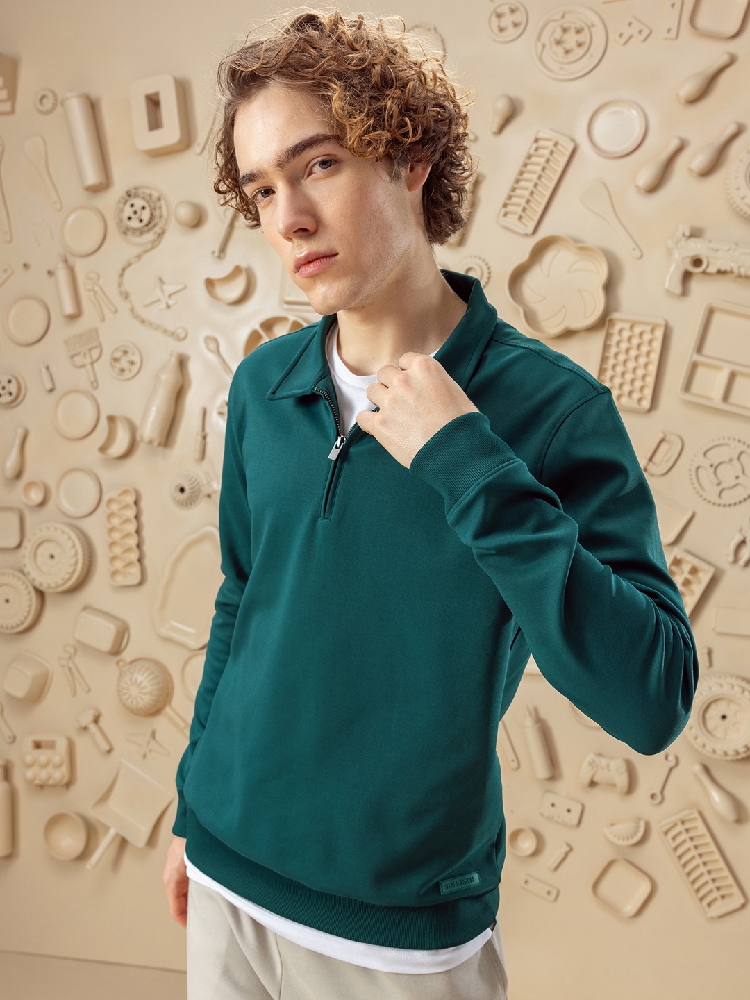 

DAMENSCH Men Shirt Collar Long Sleeve Sweatshirt, Teal