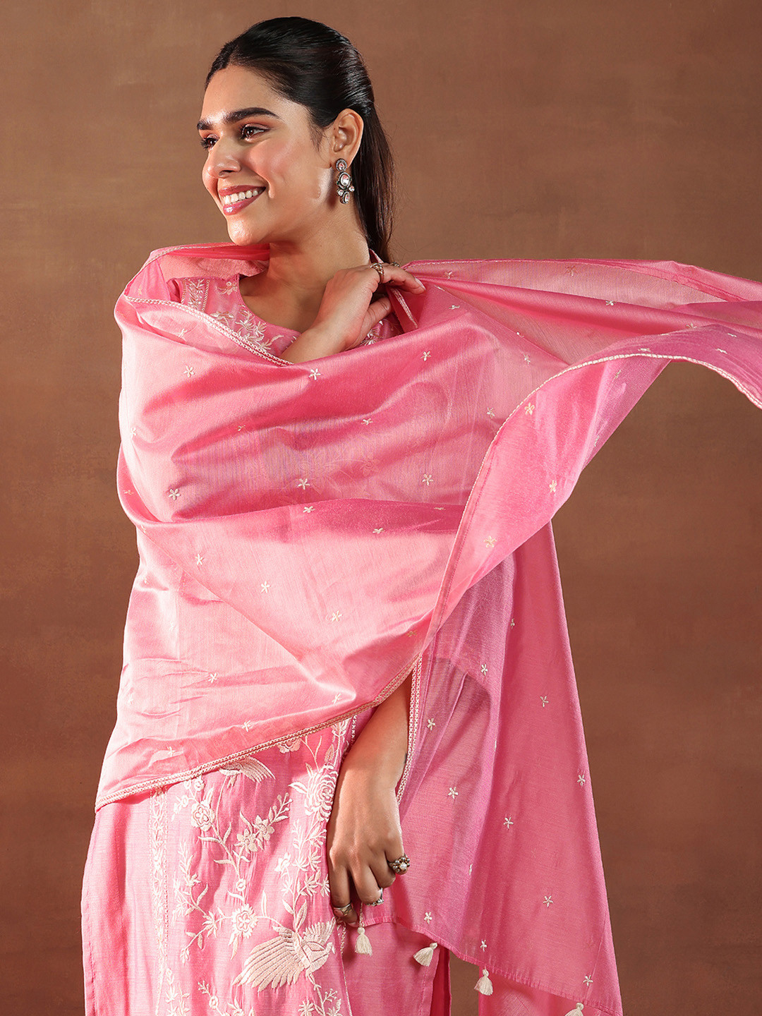 

Libas Floral Embroidered Thread Work Chanderi Silk Straight Kurta With Trousers & Dupatta, Coral